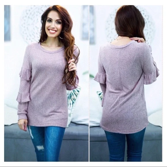 Soft Ribbed Ruffle Sleeve Top - Picture 2 of 4